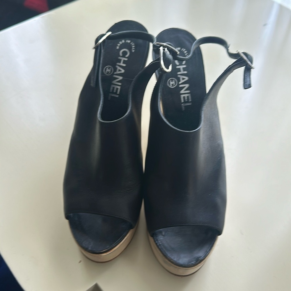 Chanel authentic sandals .. heel is approximately 5 1/2 inches tall